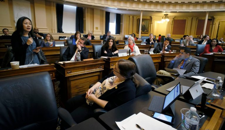 Del. Kathy Tran, D-Fairfax, addresses fellow members of the Virginia House of Delegates at the State Capitol in Richmond, Va., Friday, Feb. 1, 2019.