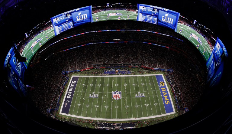 The Los Angeles Rams play against the New England Patriots during the first half of the NFL Super Bowl 53 football game Sunday, Feb. 3, 2019, in Atlanta.