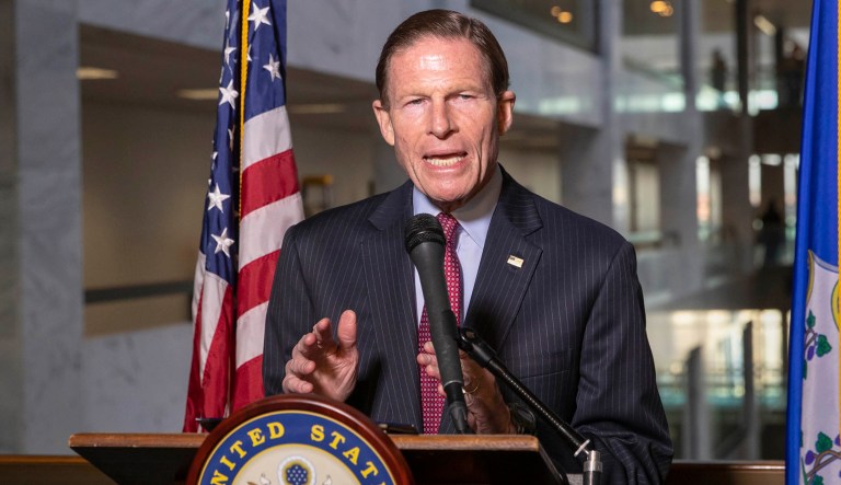 Sen. Richard Blumenthal, D-Conn., a member of the Senate Judiciary Committee, speaks to the media.