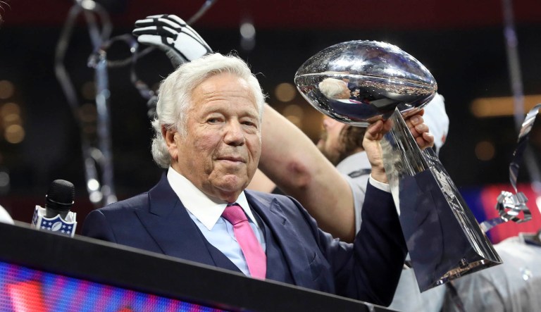 New England Patriots owner Robert Kraft celebrates a win against the Los Angeles Rams after NFL Super Bowl 53 in Atlanta.