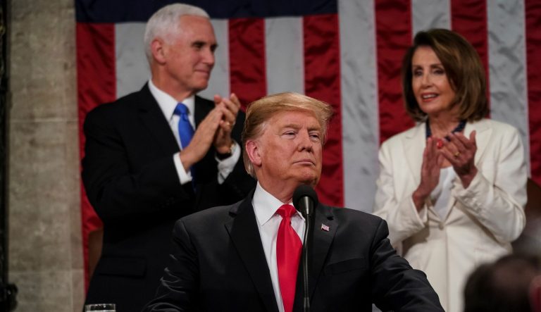 President Donald Trump gives his State of the Union address to a joint session of Congress, Tuesday, Feb. 5, 2019 at the Capitol in Washington, as Vice President Mike Pence, left, and House Speaker Nancy Pelosi look on. 