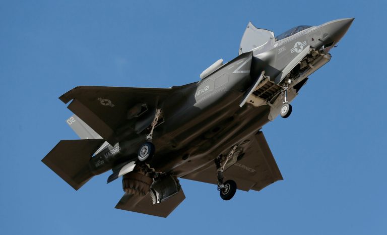 An F-35B fighter jet lands at Luke Air Force Base in this Tuesday, Dec. 10, 2013 photo, in Goodyear, Arizona. 