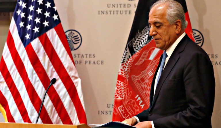 Special Representative for Afghanistan Reconciliation Zalmay Khalilzad approaches the microphone to speak on the prospects for peace, Friday, Feb. 8, 2019, at the U.S. Institute of Peace, in Washington.
