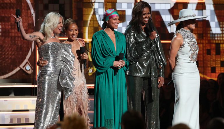 Lady Gaga, from left, Jada Pinkett Smith, Alicia Keys, Michelle Obama and Jennifer Lopez speak at the 61st annual Grammy Awards on Sunday, Feb. 10, 2019, in Los Angeles. 