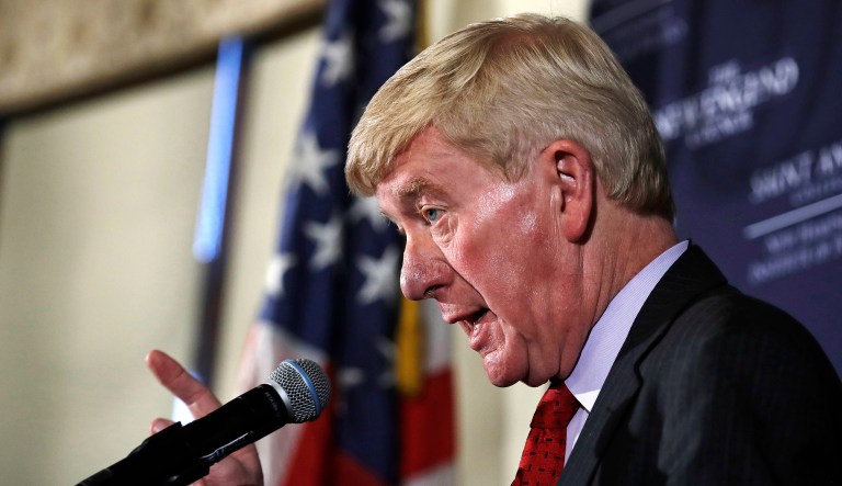 Former Massachusetts Gov. William Weld gestures during a speech.