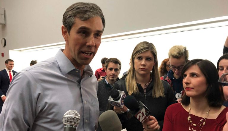 Potential 2020 Democratic presidential candidate Beto OâRourke tells reporters he plans to make a decision soon on whether to get in the race on Friday, Feb. 15, 2019, in Madison, Wis. 