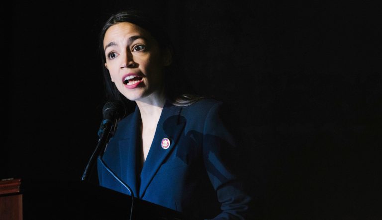 Rep. Alexandria Ocasio-Cortez, D-N.Y., delivers her inaugural address following her swearing-in ceremony at the Renaissance School for Musical Theater and Technology in the Bronx borough of New York on Saturday, Feb. 16, 2019. 