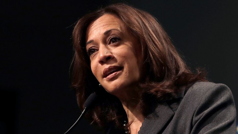 Democratic presidential candidate Sen. Kamala Harris, D-Calif., speaks at a Politics & Eggs campaign event.