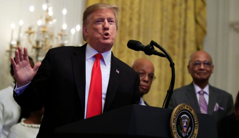 President Donald Trump speaks during a National African American History Month reception in the East Room of the White House in Washington, Thursday, Feb. 21, 2019. 
