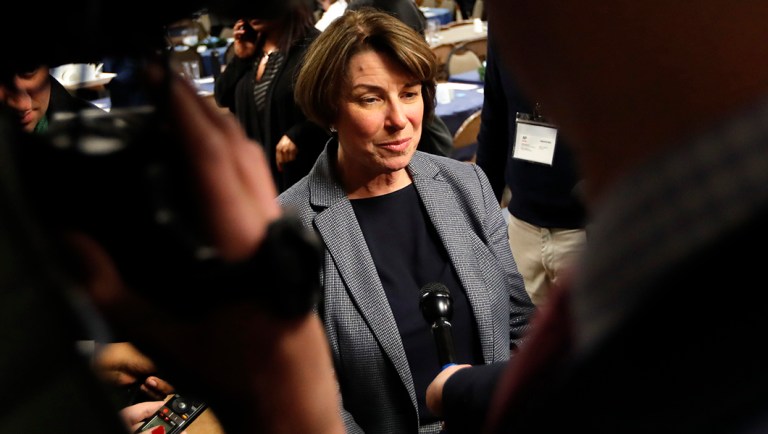 2020 Democratic presidential candidate Sen. Amy Klobuchar speaks to reporters.