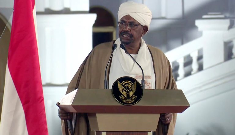 In this image taken from video, Sudan's then-President Omar al-Bashir speaks at the Presidential Palace, Friday, Feb. 22, 2019, in Khartoum, Sudan.