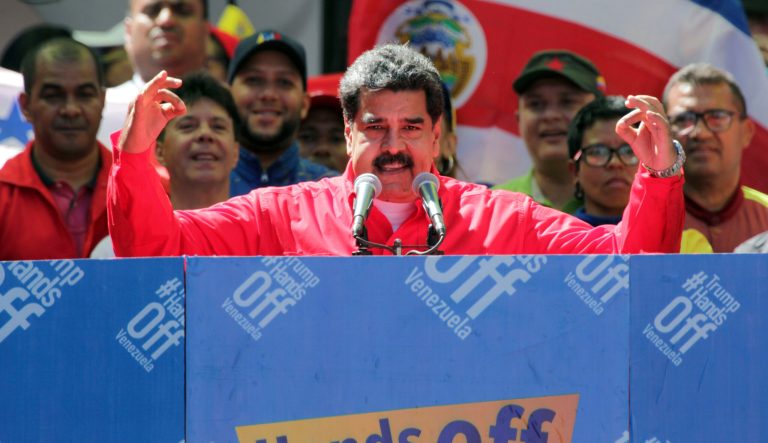 Venezuela's President Nicolas Maduro speaks to supporters during a pro-government rally in Caracas, Venezuela, Saturday, Feb. 23, 2019. 