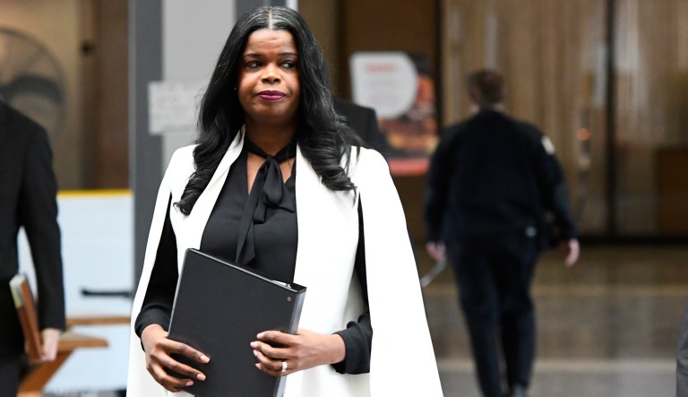 Cook County State's Attorney Kim Foxx arrives to speak to reporters at the Leighton Criminal Courthouse after R&B star R. Kelly's first court appearance, Saturday, Feb. 23, 2019, in Chicago.