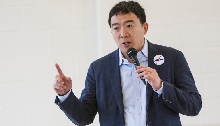 Andrew Yang, a candidate in the Democratic primaries for president, speaks at a town hall meeting sponsored by the Euclid chapter of the NAACP at Christ Lutheran Church in Cleveland, Sunday, Feb. 24, 2019.