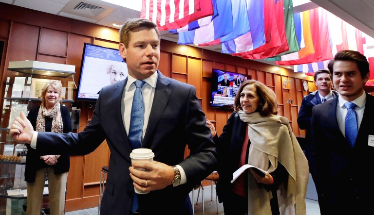 Rep. Eric Swalwell, D-Calif., arrives at a Politics & Eggs event, Monday, Feb. 25, 2019, in Manchester, N.H.