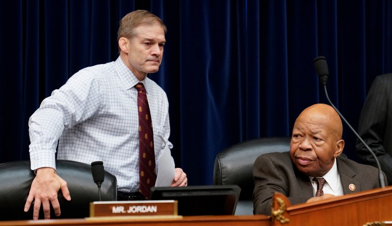 Rep. Jim Jordan of Ohio, the House Oversight and Reform Committee ranking Republican, left, takes his seat next to Chairman Elijah Cummings, D-Md., on the House Oversight and Reform Committee, on Capitol Hill in D.C.