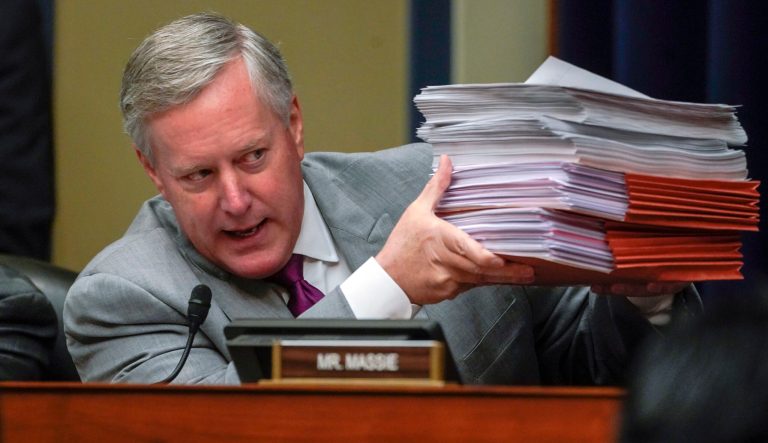 Rep. Mark Meadows, R-N.C., objects to House Oversight and Reform Committee Chair Elijah Cummings, D-Md., efforts to subpoena Trump administration officials over family separations at the southern border, on Capitol Hill in Washington, Tuesday, Feb. 26, 2019. 