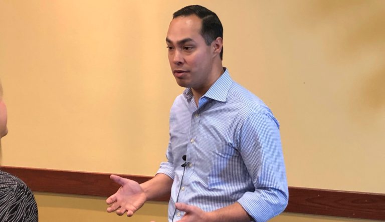 Democratic presidential candidate Julian Castro responds to a reporter before a speech at Boise State University on Tuesday, Feb. 26, 2019, in Boise, Idaho. 