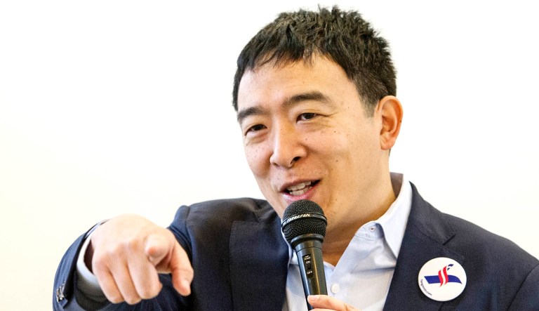 Andrew Yang, a candidate in the Democratic primaries for president, speaks at a town hall meeting sponsored by the Euclid chapter of the NAACP at Christ Lutheran Church in Cleveland.