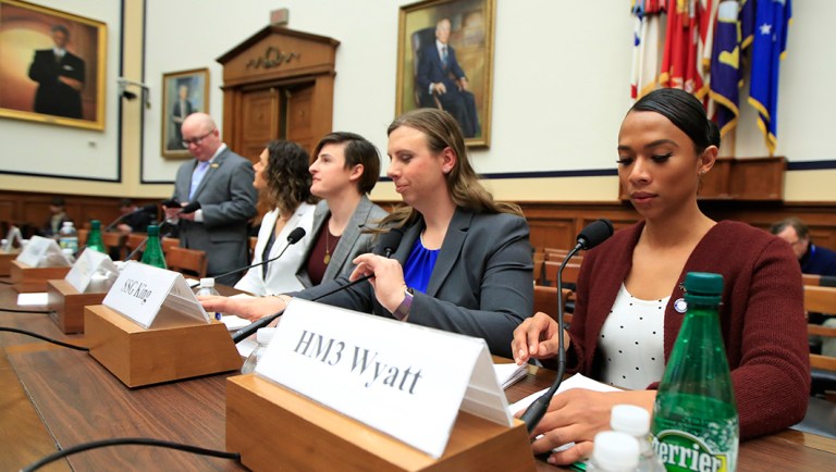 From left, transgender military members Navy Lt. Cmdr. Blake Dremann, Army Capt. Alivia Stehlik, Army Capt. Jennifer Peace, Army Staff Sgt. Patricia King and Navy Petty Officer Third Class Akira Wyatt, prepare for the House Armed Services Subcommittee on Military Personnel hearing on Capitol Hill.