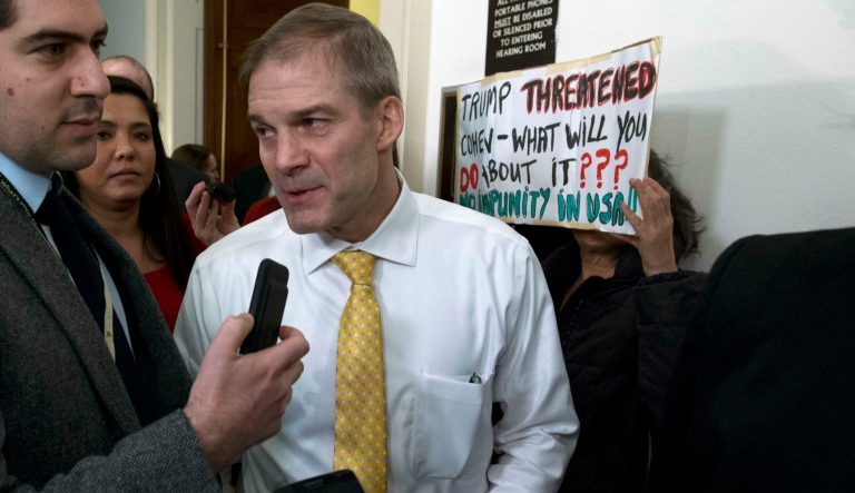 House Oversight and Reform Committee ranking member Rep. Jim Jordan, R-Ohio, speaks to the media after the hearing of President Donald Trump's former lawyer Michael Cohen, before the House Oversight and Reform Committee, on Capitol Hill, Wednesday, Feb. 27, 2019, in Washington. 