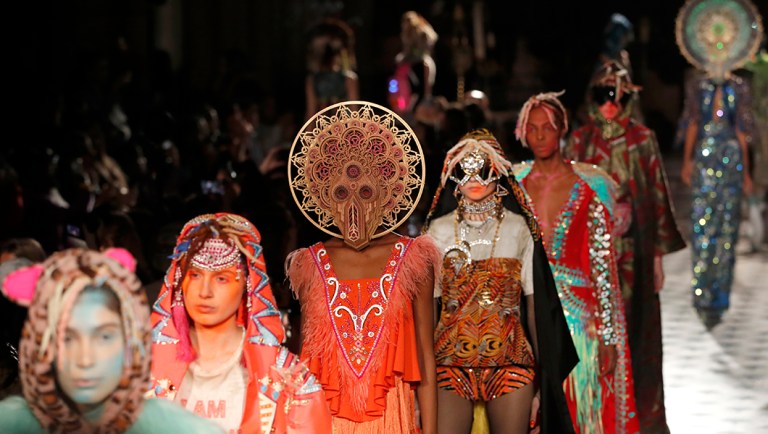 Models wear creations as part of the Manish Arora ready to wear Fall-Winter 2019-2020 collection.