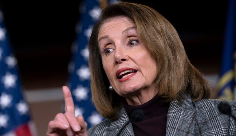 Speaker of the House Nancy Pelosi, D-Calif., meets with reporters just after the Democratic-controlled House approved a measure requiring federal background checks for all firearms sales and transfers, the first major gun control legislation considered by Congress in nearly 25 years, on Capitol Hill in Washington, Thursday, Feb. 28, 2019. 