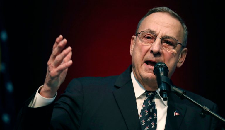 In this May 5, 2018 photo Republican Gov. Paul LePage speaks at the Republican Convention in Augusta, Maine. 