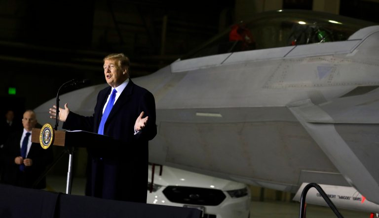 President Donald Trump speaks to service members at Joint Base Elmendorf-Richardson, Thursday, Feb. 28, 2019, in Anchorage, Alaska., during a refueling stop as he returns from Hanoi. 