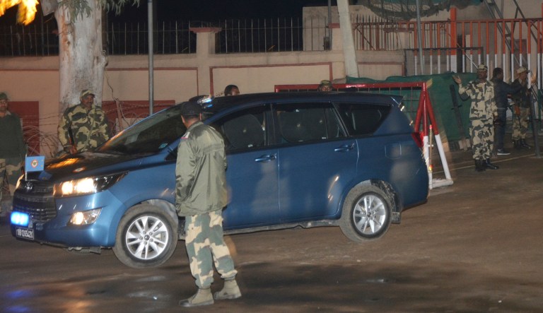 The convoy carrying Indian air force Wing Commander Abhinandan Varthaman drives out from the Integrated Check Post on the Indian side of the border in Attari, India.