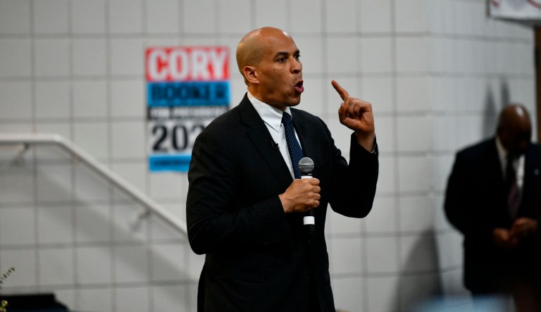 U.S. Sen. Cory Booker speaks to a crowd of several hundred during a campaign stop Friday, March 1, 2019, in Simpsonville, S.C. 