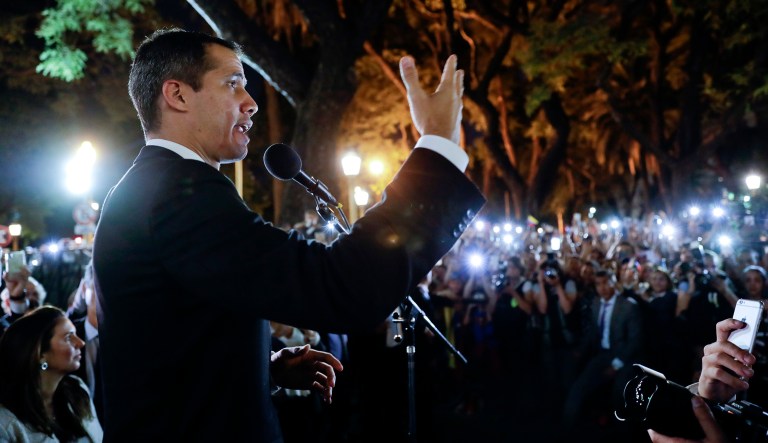 Venezuela's self-proclaimed interim president Juan Guaido talks to supporters in Argentina.