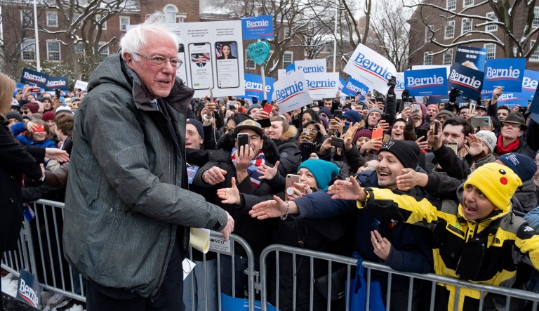 Sen. Bernie Sanders, I-Vt., greets supporters.