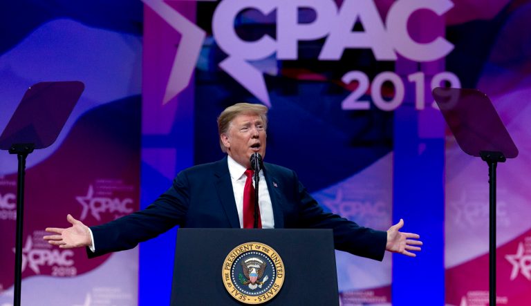 President Donald Trump speaks at Conservative Political Action Conference, CPAC 2019, in Oxon Hill, Md., Saturday, March 2, 2019. 