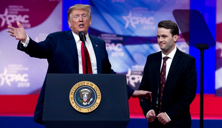 President Trump invites to speak in the podium to Hayden Williams, a field representative of the Leadership Institute who was assaulted at the campus of the University of California, Berkeley, at Conservative Political Action Conference in Oxon Hill, Md.