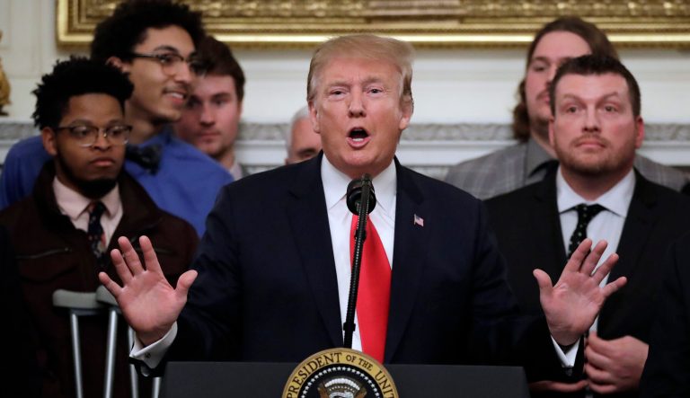 President Donald Trump speaks in the State Dining Room of the White House in Washington, Monday, March 4, 2019, as he welcomes 2018 NCAA FCS College Football Champions, The North Dakota State Bison. 