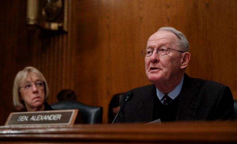 Sen. Lamar Alexander, R-Tenn., right, speaks during a Senate Committee on Health, Education, Labor, and Pensions hearing on Capitol Hill in Washington, Tuesday, March 5, 2019.