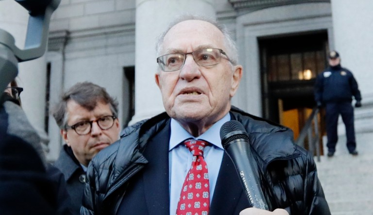 Attorney Alan Dershowitz speaks during a news interview outside of Manhattan Federal Court Wednesday, March 6, 2019, in New York. 