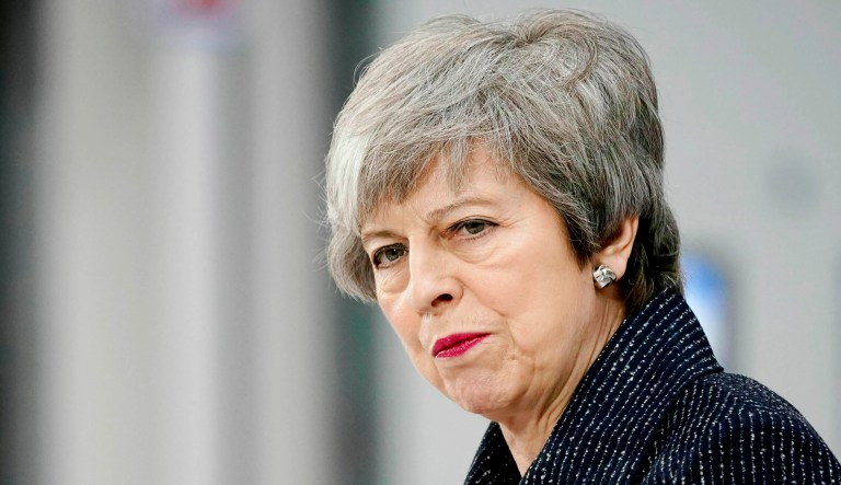 Britain's Prime Minister Theresa May gives a speech.