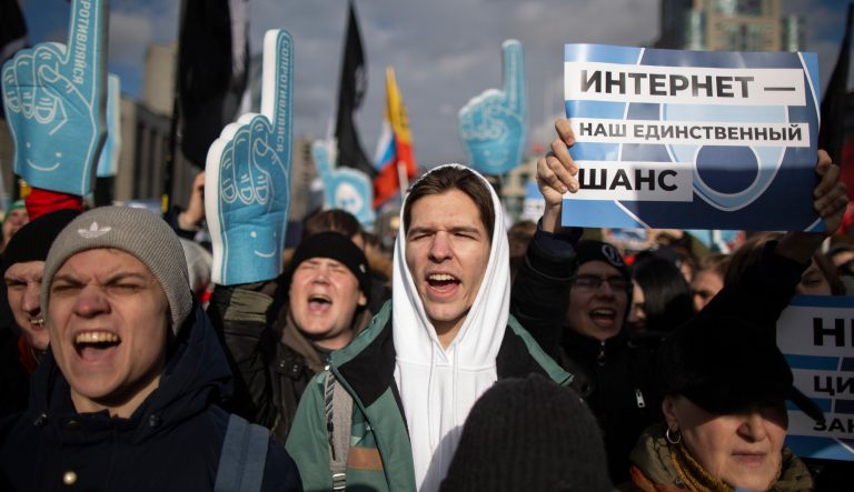 Demonstrators with a poster on the right reads "internet is our only chance" attend the Free Internet rally in response to a bill making its way through parliament calling for all internet traffic to be routed through servers in Russia â making VPNs (virtual private networks) ineffective, in Moscow, Russia, Sunday, March 10, 2019.