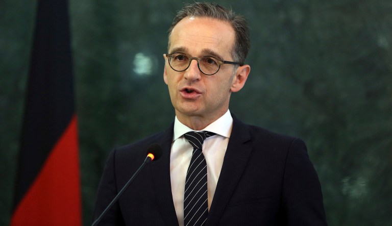 German Foreign Minister Heiko Maas, speaks during a press conference with Afghanistan's Foreign Minister Salahuddin Rabbani, in Kabul, Afghanistan, Monday, March 11, 2019.