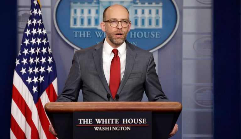 Acting OMB Director Russ Vought speaks during a press briefing at the White House, Monday, March 11, 2019, in Washington. 
