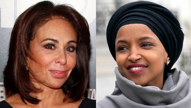 This combination photo shows Fox News host Jeanine Pirro and Rep. Ilhan Omar, D-Minn.