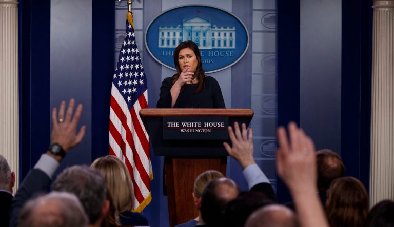 White House press secretary Sarah Sanders speaks during a press briefing at the White House, Monday, March 11, 2019, in Washington. 
