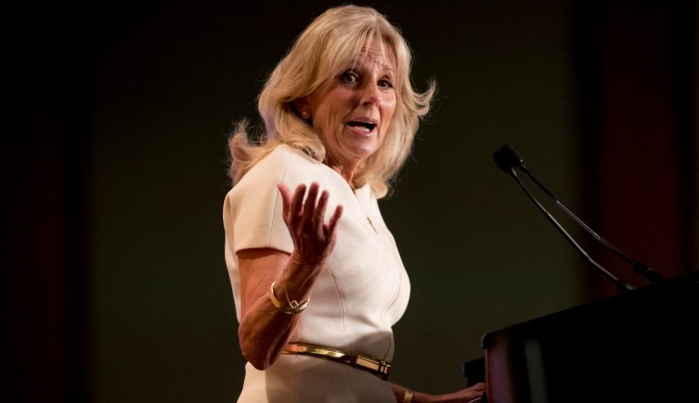 Former Second Lady of the United States Jill Biden speaks before her husband, former Vice President Joe Biden, takes the stage to speak to the International Association of Firefighters at the Hyatt Regency on Capitol Hill in Washington, Tuesday, March 12, 2019.