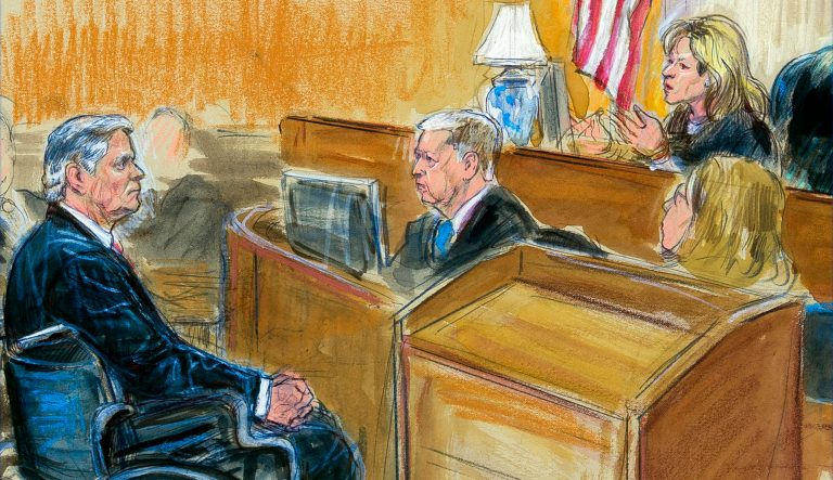 This courtroom sketch shows Paul Manafort listening to Judge Amy Berman Jackson in the U.S. District Courtroom during his sentencing hearing, in Washington, Wednesday, March 13, 2019. 