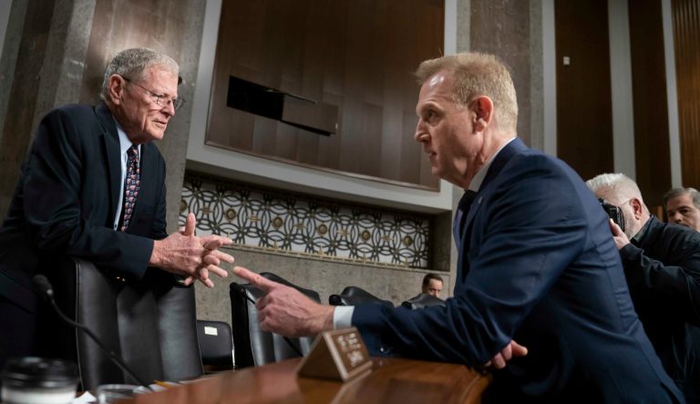 Senate Armed Services Committee Chairman Jim Inhofe, R-Okla., left, welcomes Acting Defense Secretary Patrick Shanahan to testify on the Department of Defense budget, on Capitol Hill in Washington, Thursday, March 14, 2019. Shanahan told the committee that allies need to pay their fair share, but compensation comes in many forms, including providing support for war in places like Afghanistan. 