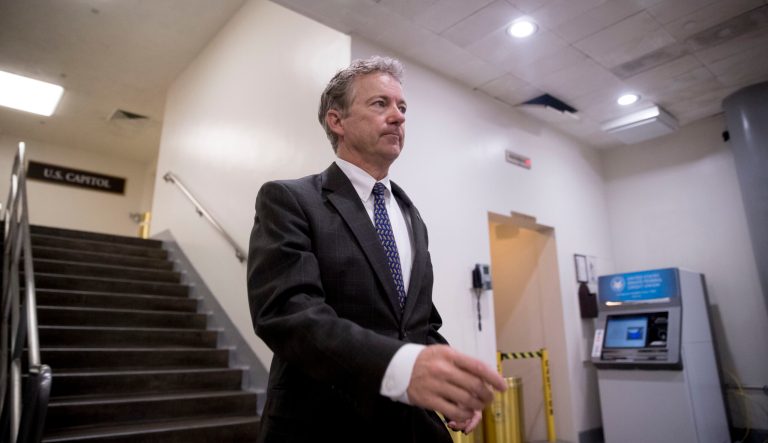 Sen. Rand Paul, R-Ky., walks through the Senate subway on Capitol Hill in Washington, Thursday, March 14, 2019.