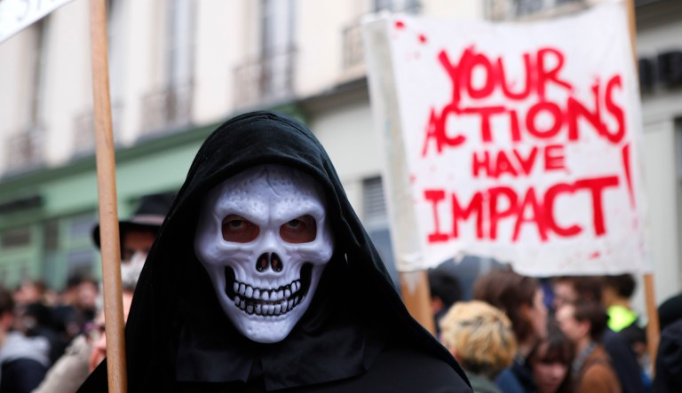 High school students demonstrate in Paris, Friday, March 15, 2019. Students worldwide are skipping class Friday to take to the streets to protest their governments' failure to take sufficient action against global warming.