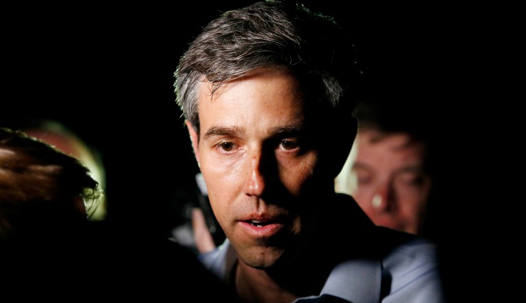 Democratic presidential candidate Beto O'Rourke speaks to reporters after making a campaign stop at the home of Dubuque County Recorder John Murphy in Dubuque, Iowa on Saturday, March 16, 2019. 